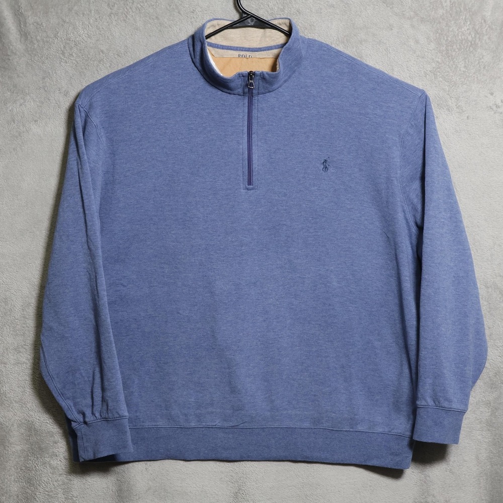 Polo Ralph Lauren Sweater Mens 2XB Blue 1/4 Zip Mock Neck Preppy Casual Pullover